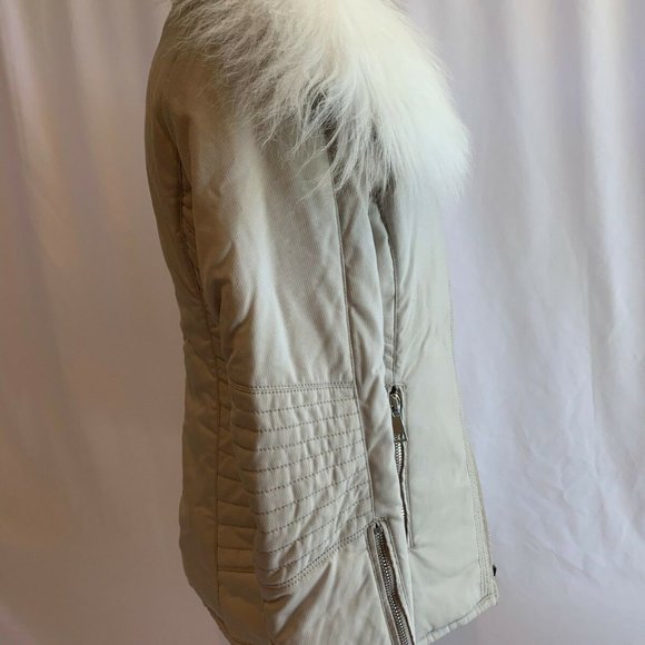 Moncler Choisia Goat Fur Collar Down Asymmetric Jacket NWT 1 SMALL Stone $1810 - Picture 5 of 10
